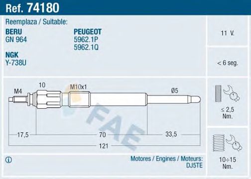 Свеча накаливания FAE 74180