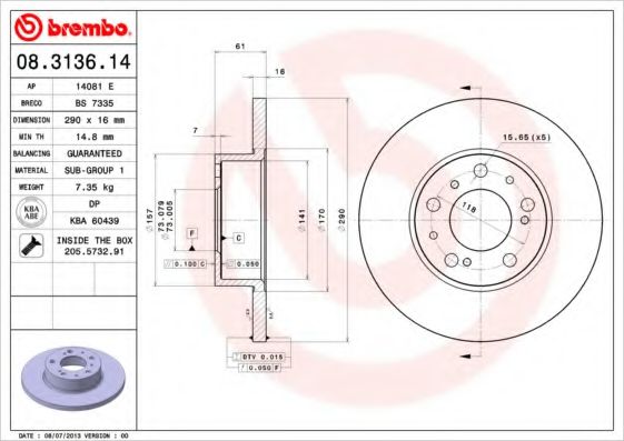 Тормозной диск BREMBO 08.3136.14