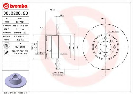 Тормозной диск BREMBO 08.3288.20