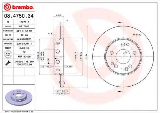 Тормозной диск BREMBO 08.4750.34