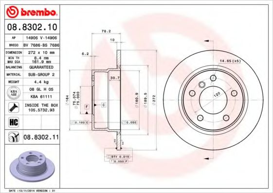 Тормозной диск BREMBO 08.8302.11