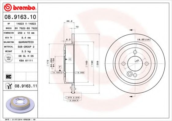 Тормозной диск BREMBO 08.9163.11