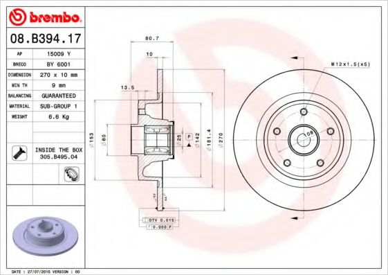 Тормозной диск BREMBO 08.B394.17