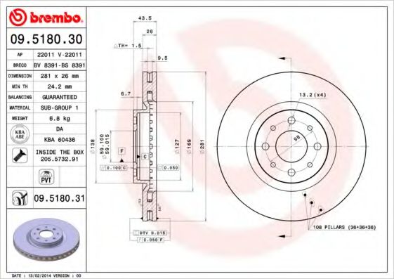 Тормозной диск BREMBO 09.5180.31