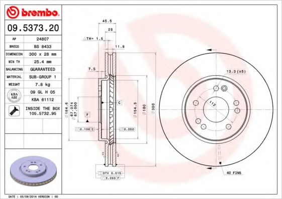 Тормозной диск BREMBO 09.5373.20