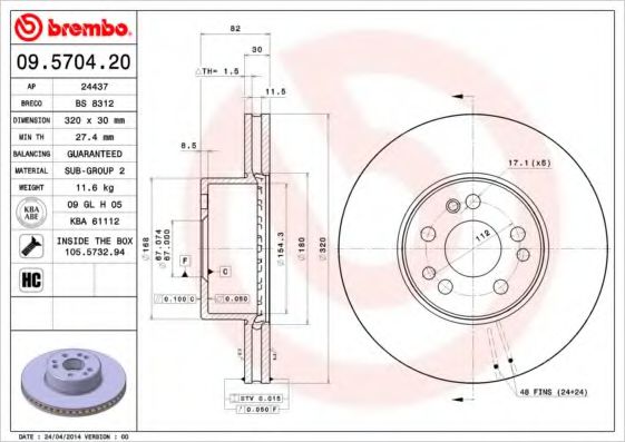 Тормозной диск BREMBO 09.5704.20