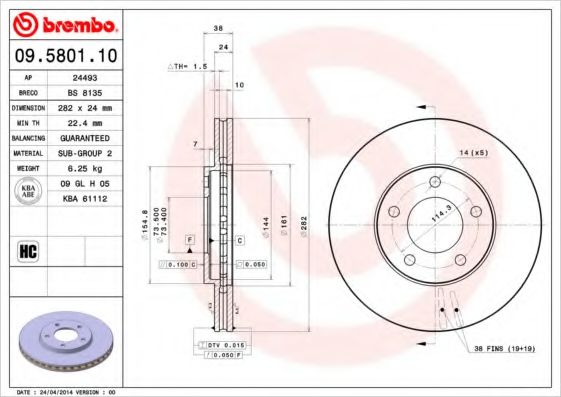 Тормозной диск BREMBO 09.5801.10