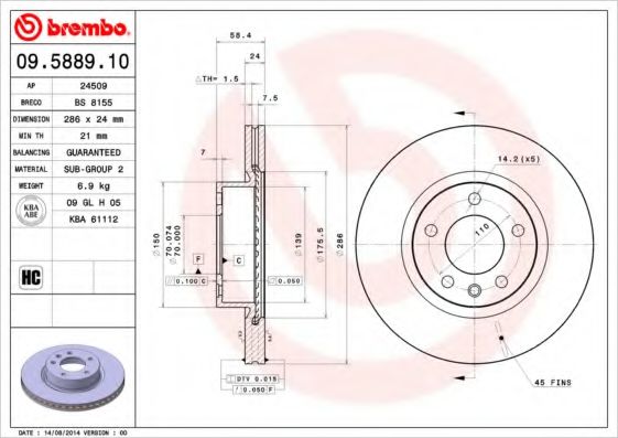 Тормозной диск BREMBO 09.5889.10