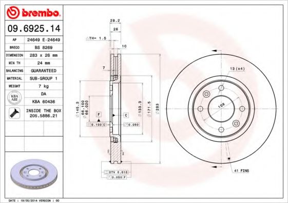 Тормозной диск BREMBO 09.6925.14