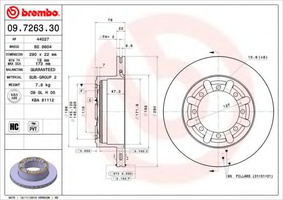 Тормозной диск BREMBO 09.7263.30