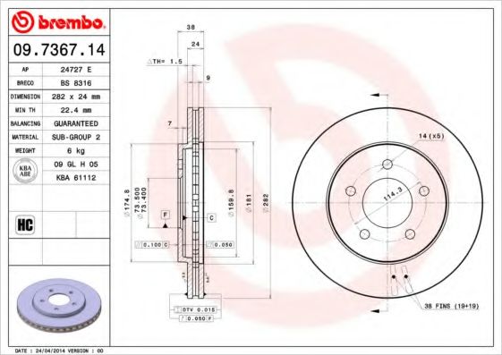 Тормозной диск BREMBO 09.7367.14