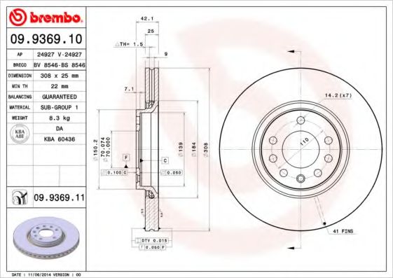 Тормозной диск BREMBO 09.9369.11