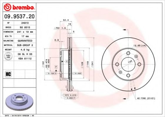 Тормозной диск BREMBO 09.9537.20