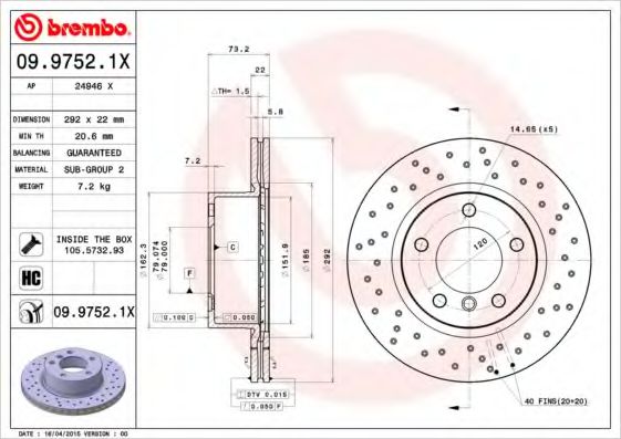 Тормозной диск BREMBO 09.9752.1X