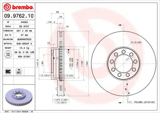Тормозной диск BREMBO 09.9762.10