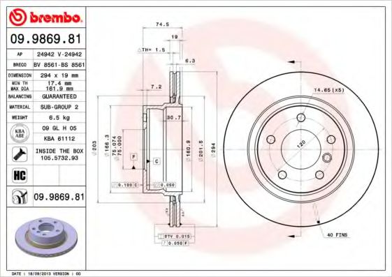 Тормозной диск BREMBO 09.9869.81