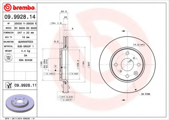 Тормозной диск BREMBO 09.9928.14