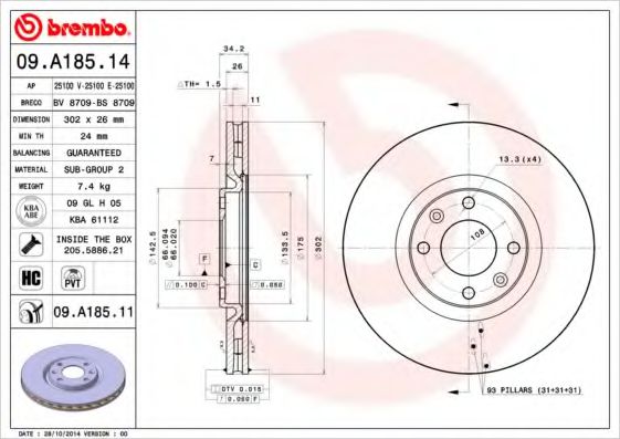 Тормозной диск BREMBO 09.A185.11