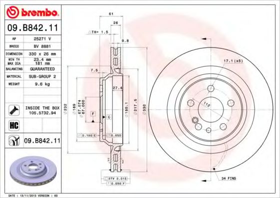 Тормозной диск BREMBO 09.B842.11
