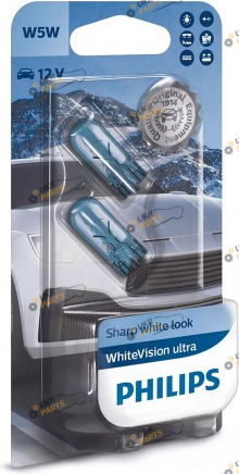 Лампочка Philips W5W 12V W2.1X9.5d WhiteVision ultra +60% (3300K) 2шт./блистер (12961WVUB2)
