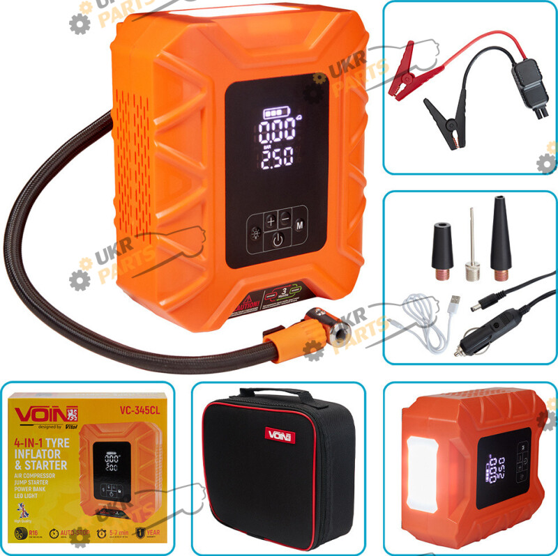 Автокомпрессор Voin VC-345CL 4in1/14.8V/37.0wh/10000mAh/Бустер/Повербанк/Ліхтар (64296)