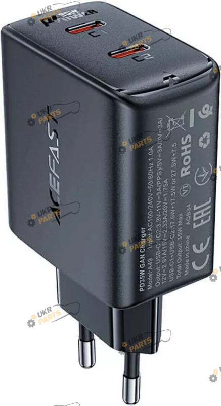 Зарядное устройство Acefast A49 PD35W GAN DUAL PORT CHARGER BLACK Type-C 2.4 А (AFA49B)