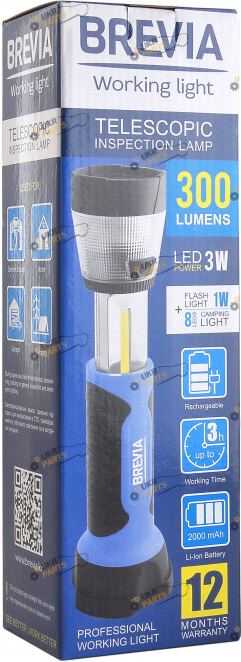Инспекционный фонарь Brevia телескопический 3W COB+1W LED+8LED с крючком (11330)