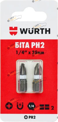 Бита Wurth PH2, 1/4IN, L25мм, 2шт. в блістері Стандарт (1614176461902)