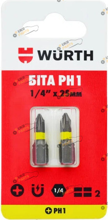 Бита Wurth PH1, 1/4IN, L25мм, 2шт. в блістері Стандарт (1614176274902)