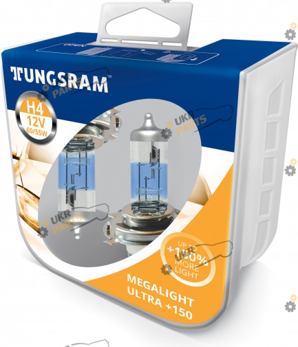 Галогеновая лампа Tungsram H4 60/55W 12V (2 шт./пластикбокс) Megalight Ultra +150% H4 2 шт (TU50440NXNU.2PL)