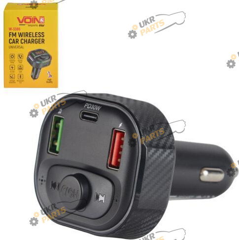 FM Трансмиттер Voin Модулятор FM, VOIN W-3386, 12-24V 2 USB 4.8A, 1 Type C, BT5.0, Hands free, вольтметр (W-3386)