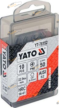 Набор бит Yato PH2 X 50 мм HEX 1/4