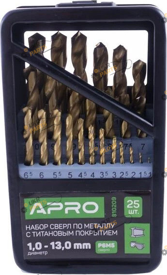 Набор сверл по металлу Apro P6M5 титан металевий бокс 1-13 мм 25 шт (810209)