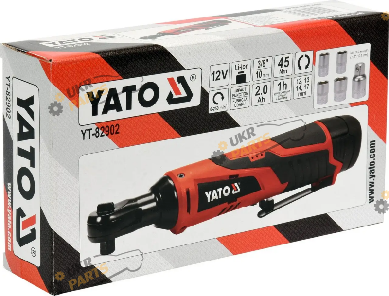 Трещетка аккумуляторная 1/2 дюйма Yato ударная, 45 Нм + 4 торцевые головки (YT-82902)