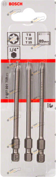 Набор бит Bosch Extra-Hart T8, T10, T15, 89 мм, 3 шт удлиненная (2607001759)