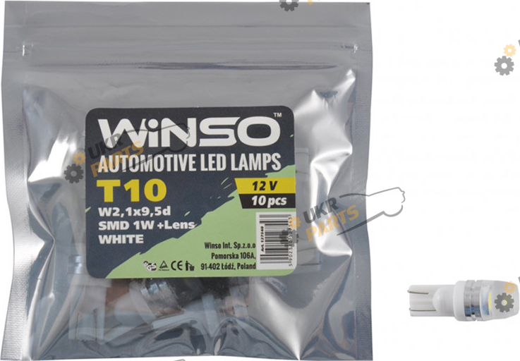 Лампочка салона Winso 12V SMD T10 1LED 1W+Lens, white 10шт.уп. (127540)